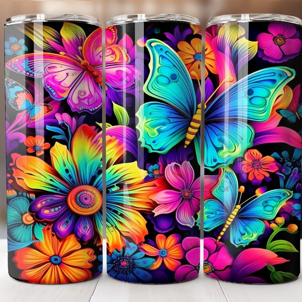 Neon Butterflies 20 oz Skinny Tumbler Sublimation Design, Straight Tumbler Wrap, Instant Digital Download PNG, Butterfly Floral Tumbler PNG