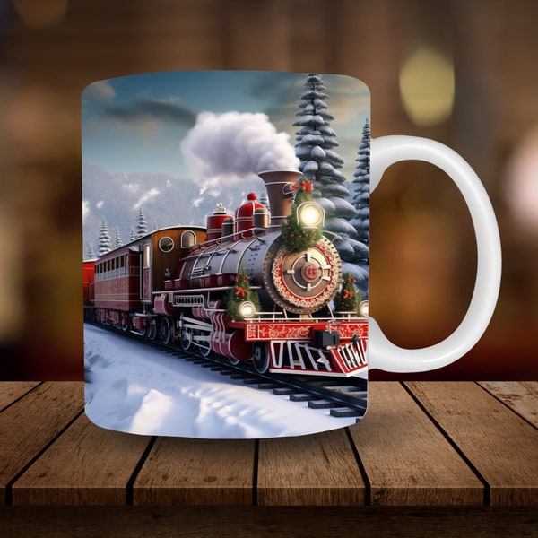 Sublimation de tasse de train de Noël, montagnes de train 3D 11 oz, enveloppe de sublimation de tasse de 15 oz, tasse de téléchargement numérique PNG, enveloppe de tasse de thé de tasse de café PNG