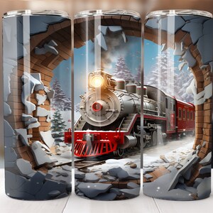 3D Train Tumbler Wrap 20 oz Skinny Tumbler Sublimation Design Instant Digital Download Only Break Through Train Locomotive Tumbler PNG
