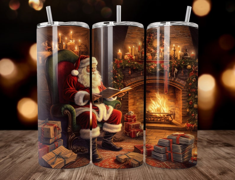 May include: A stainless steel tumbler featuring a festive Christmas scene. Santa Claus is seated in a chair, reading a book in front of a fireplace. The design includes lit candles, wrapped gifts, and a cozy holiday atmosphere.