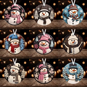 3D Wooden Snowman Ornament Bundle Sublimation PNG Bundle, Téléchargement numérique instantané, Ornement en bois rond de Noël PNG Bundle 9 Designs
