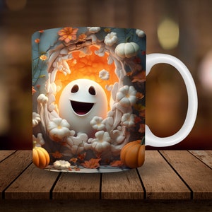 3D Ghost Mug Sublimation, 3D Halloween Fall 11oz, 15oz Mug Wrap, Digital Download Mug PNG, 3D Coffee Cup Tea Cup Wrap PNG Break Through