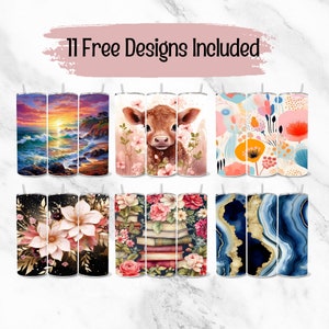 May include: A collection of eleven stainless steel tumblers with various designs. The designs include a sunset over the ocean, a calf surrounded by flowers, floral patterns, and abstract agate patterns. Each tumbler has a straw.