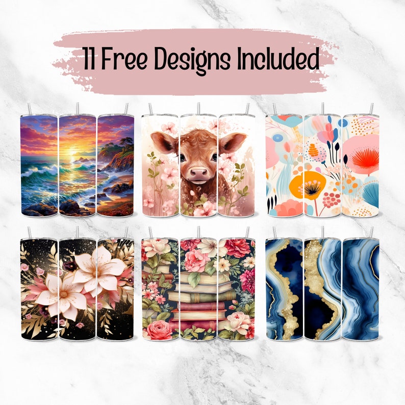 May include: A collection of eleven stainless steel tumblers with various designs. The designs include a sunset over the ocean, a calf surrounded by flowers, floral patterns, and abstract agate patterns. Each tumbler has a straw.