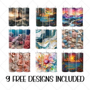 May include: Nine different designs for sublimation tumblers. The designs include a lighthouse, a seashell, a turtle, a flower, a sunset, a marble pattern, and a rose pattern.