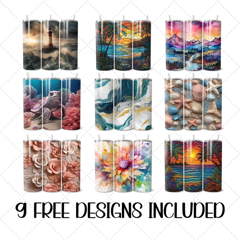 May include: Nine different designs for sublimation tumblers. The designs include a lighthouse, a seashell, a turtle, a flower, a sunset, a marble pattern, and a rose pattern.