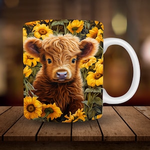 Highland Cow Mug Sublimation, 3D 11oz, 15oz Mug Sublimation Wrap, Digital Download Mug PNG, Baby Cow Sunflower Coffee Cup Tea Cup Wrap PNG