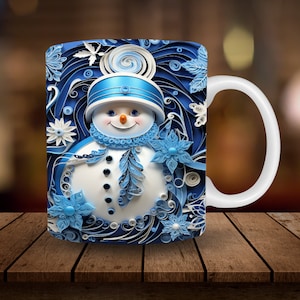 3D Blue Snowman Mug Sublimation, 3D Christmas 11oz, 15oz Mug Sublimation Wrap, Digital Download Mug PNG, Coffee Cup Tea Cup Wrap PNG