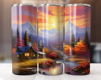 Cabin Mountain 20 oz Skinny Tumbler Wrap Sublimatie Design, Rechte Tumbler Wrap, Instant Digitale Download PNG, Herfst Herfst Cabin PNG