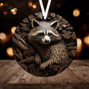 3D Raccoon Christmas Ornament Sublimation PNG, 300 dpi, Instant Digital Download, Christmas Round Ornament PNG 3D Engraved Wood Raccoon