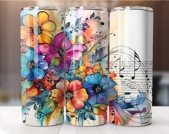 Music Sheet Tumbler with Flowers Alcohol Ink 20 oz Skinny Tumbler Sublimation Design Digital Download PNG Instant DIGITAL ONLY, Floral Music