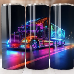 Semi Truck 20 oz Skinny Tumbler Sublimation Design Digital Download PNG Instant Digital Only, Diesel Trucker Tumbler PNG Wrap, Neon Semi PNG