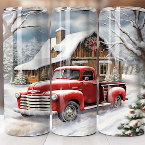 Christmas Truck Tumbler Wrap 20 oz Skinny Tumbler Sublimation Design, Straight Tumbler Wrap, Instant Digital Download PNG,