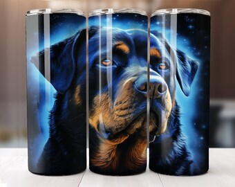 May include: A set of three stainless steel tumblers featuring a Rottweiler dog portrait. The dog has black fur with brown markings and amber eyes, set against a blue starry background. The tumblers are cylindrical.