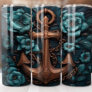3D Anchor 20 oz Skinny Tumbler Sublimation Design, Straight Tumbler Wrap, Instant Digital Download PNG, 3D Nautical Tumbler Sublimation
