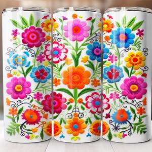 Mexican Flowers Tumbler Wrap 20oz Skinny Embroidered Tumbler Wrap Floral Flowers Embroidery Straight Design PNG Instant Download Mexico PNG