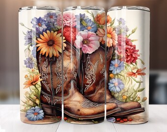 Cowgirl Stiefel Floral 20 oz Skinny Becher Sublimation Design, digitaler Download PNG, Instant Download, Western Tumbler Wrap PNG