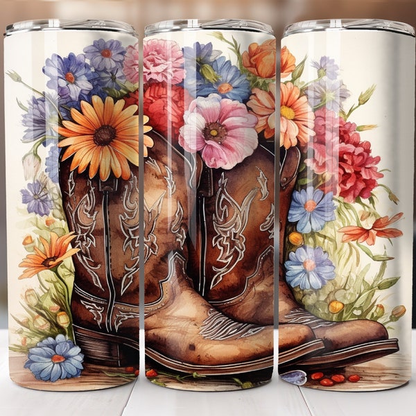 Cowgirl Boots Floral 20 oz Skinny Tumbler Sublimation Design, Digital Download PNG, Instant Download, Western Tumbler Wrap PNG