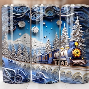 3D Blue Train Tumbler Wrap 20 oz Skinny Tumbler Sublimation Design Digital Download PNG Instant Digital Only, Train Locomotive Tumbler PNG