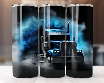 May include: A blue semi-truck with a white cab and black accents is driving through a cloud of blue smoke. The truck is on a black background.