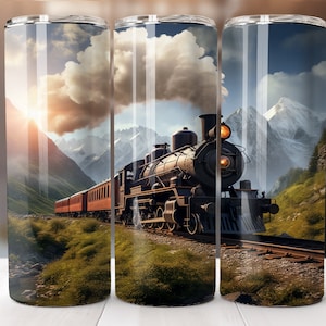 Train Tumbler PNG 20 oz Skinny Tumbler Sublimation Design Digital Download PNG Instant Digital Only, Mountain Train Tumbler Wrap
