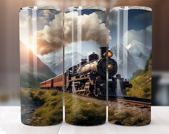 Train Tumbler PNG 20 oz Skinny Tumbler Sublimation Design Digital Download PNG Instant Digital Only, Mountain Train Tumbler Wrap