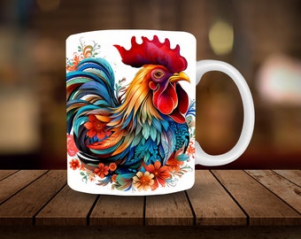 Rooster Mug Sublimation 11oz, 15oz Mug Sublimation Wrap, Digital Download Mug PNG, Rooster Coffee Cup Tea Cup Wrap PNG