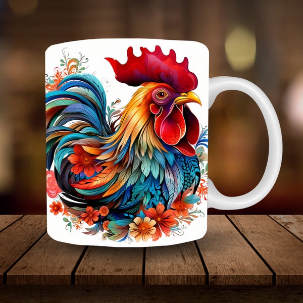 Rooster Mug Sublimation 11oz, 15oz Mug Sublimation Wrap, Digital Download Mug PNG, Rooster Coffee Cup Tea Cup Wrap PNG