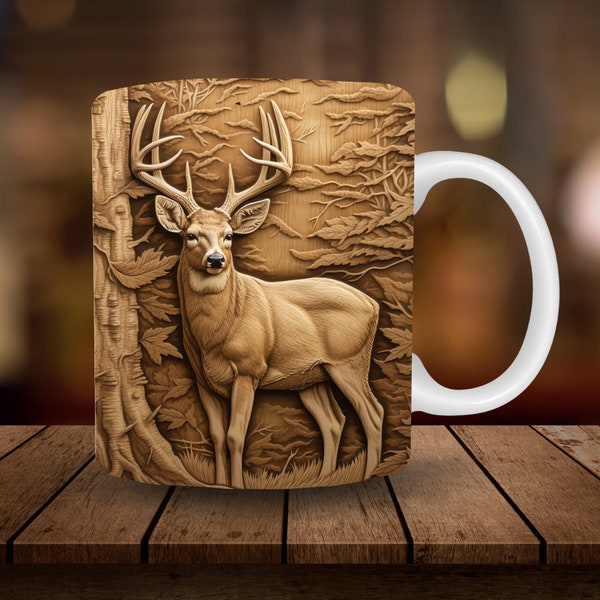 3D Deer Mug Sublimation 11oz, 15oz Mug Sublimation Wrap, Digital Download Mug PNG, Whitetail Deer Hunting Hunter Coffee Cup Tea Cup Wrap PNG