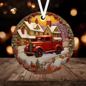 3D Truck Christmas Ornament Sublimation PNG, 300 dpi, Instant Digital Download, Christmas Round Ornament PNG Antique Christmas Barn Truck