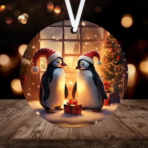 Penguin Ornament Sublimation PNG, 300 dpi Instant Digital Download, Christmas Round Ornament PNG Christmas Two Penguin Family Ornament PNG