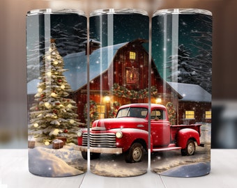 Opakowanie na kubek Christmas Truck 20 oz Skinny Tumbler z sublimacją, proste opakowanie na kubek, natychmiastowe pobieranie cyfrowe PNG, stodoła świąteczna