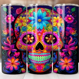 Neon Sugar Skull Tumbler Wrap Floral 20 oz Skinny Tumbler Sublimation Design Digital Download PNG Instant DIGITAL ONLY