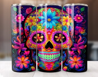 Neon Sugar Skull Tumbler Wrap Floral 20 oz Skinny Tumbler Sublimation Design Digital Download PNG Instant DIGITAL ONLY