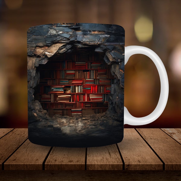 3D Book Mug Sublimation,11oz, 15oz Mug Sublimation Wrap, Digital Download Mug PNG, Hole in Wall Break Through Books Coffee Cup Wrap PNG