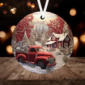 3D Embroidered Truck Christmas Ornament Sublimation PNG, 300 dpi, Instant Digital Download, Christmas Round Ornament PNG Antique Red Truck