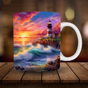 May include: White ceramic mug with a colorful image of a lighthouse on a cliff overlooking a stormy sea at sunset. The sky is a vibrant mix of pink, orange, and purple.