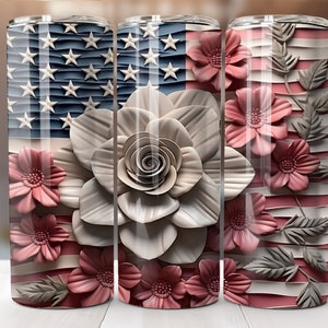 3D Patriotic Tumbler Wrap, Floral American Flag Sublimation 4th of July, Memorial Day, 3D Floral, 20oz Skinny Straight Tumbler, 300dpi PNG