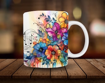 Floral Music Mug Sublimation, Watercolor Classic Musical Notes 11oz, 15oz Mug Wrap, Digital Download Mug PNG, 3D Coffee Cup Tea Cup Wrap PNG