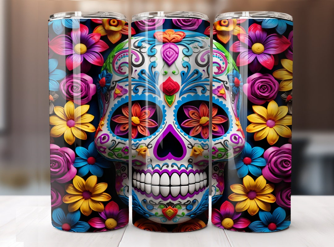 3D Sugar Skull Tumbler Wrap , Florals, and Butterflies 20 Oz Skinny ...