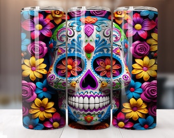 3D Sugar Skull Tumbler Wrap , Florals, and Butterflies 20 oz Skinny Tumbler Sublimation Design Digital Download PNG Instant DIGITAL ONLY