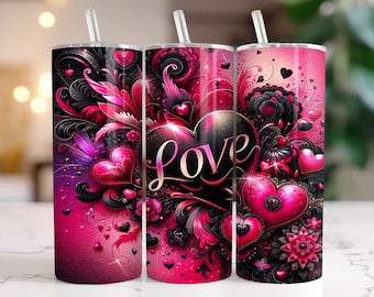 Envolturas de vaso del día de San Valentín, amor y corazones 20 oz Diseño de sublimación de vaso delgado Descarga instantánea Rosa y negro de San Valentín