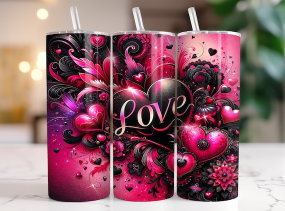 Valentines Day Tumbler Wraps, Love and Hearts 20 oz Skinny Tumbler Sublimation Design Instant Download Pink and Black Valentine's