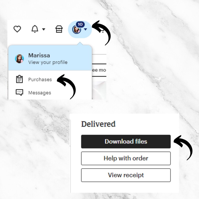 May include: A screenshot of a mobile app showing a notification with a number 10, a profile icon, and a menu with options to view purchases and messages. Below is a section titled "Delivered" with buttons to download files, help with order, and view receipt.