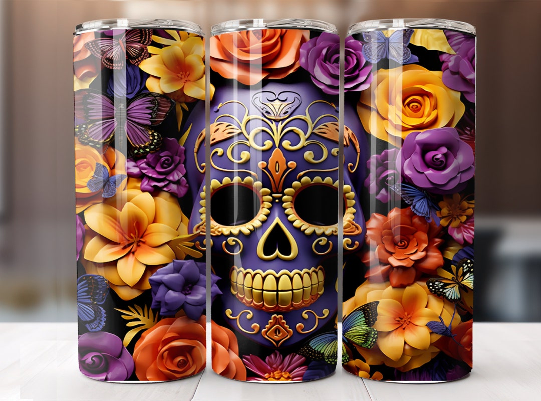 3D Fall Sugar Skull Tumbler Wrap , Florals and Butterflies 20 Oz Skinny ...