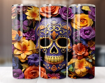 3D Fall Sugar Skull Tumbler Wrap , Florals and Butterflies 20 oz Skinny Tumbler Sublimation Design Digital Download PNG Instant DIGITAL ONLY