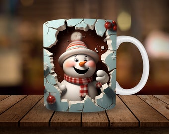 3D Snowman Mug Sublimation, 3D Christmas 11oz, 15oz Mug Sublimation Wrap, Digital Download Mug PNG, Coffee Cup Tea Cup Wrap PNG