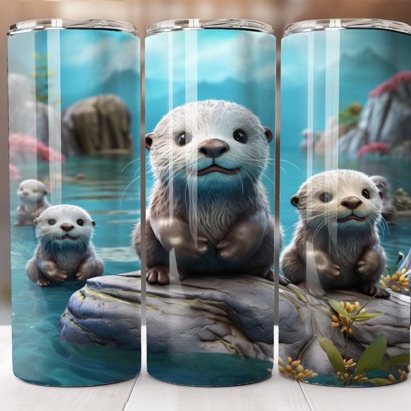 3D Sea Otter 20 oz Skinny Tumbler Sublimation Design, Instant Digital Download, Straight Tumbler Wrap