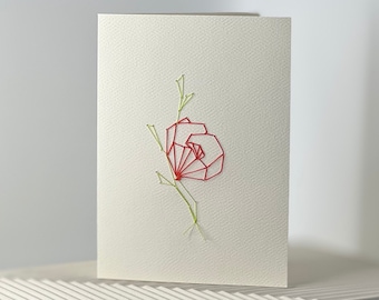 Minimalist Hand Embroidered Poppy Flower Silk Card on Premium Ivory Cardstock - 3x5 - Includes Envelopes