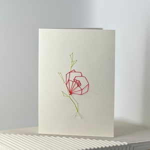 Minimalist Hand Embroidered Poppy Flower Silk Card on Premium Ivory Cardstock 3x5 Includes Envelopes image 1